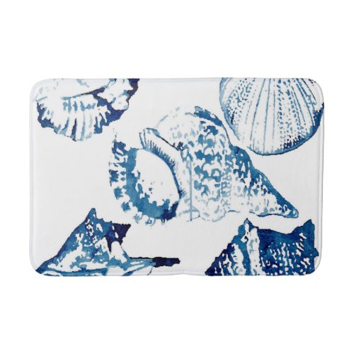 coastal chic indigo blue ocean watercolor seashell bath mat