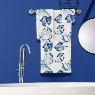 coastal chic indigo blue ocean watercolor seashell bath towel set