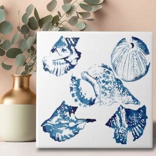 coastal chic indigo blue ocean watercolor seashell ceramic tile