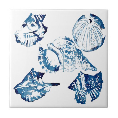 coastal chic indigo blue ocean watercolor seashell ceramic tile