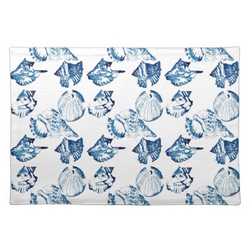 coastal chic indigo blue ocean watercolor seashell cloth placemat