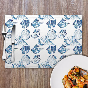 coastal chic indigo blue ocean watercolor seashell cloth placemat