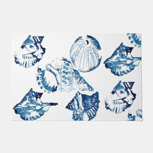 coastal chic indigo blue ocean watercolor seashell doormat