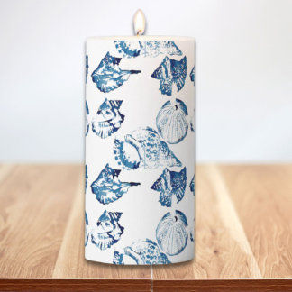 coastal chic indigo blue ocean watercolor seashell pillar candle