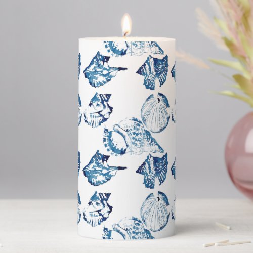 coastal chic indigo blue ocean watercolor seashell pillar candle