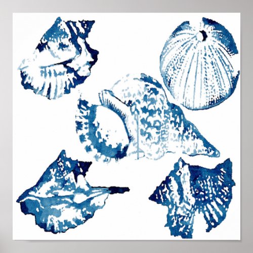 coastal chic indigo blue ocean watercolor seashell poster