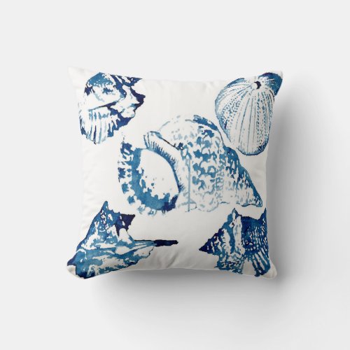 coastal chic indigo blue ocean watercolor seashell throw pillow