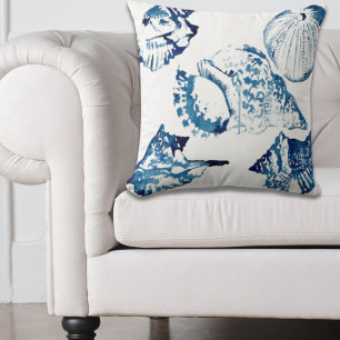 coastal chic indigo blue ocean watercolor seashell throw pillow