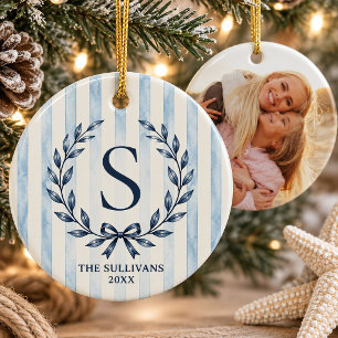 Coastal Chic Laurel Wreath Monogram Stripe Family Ceramic Ornament