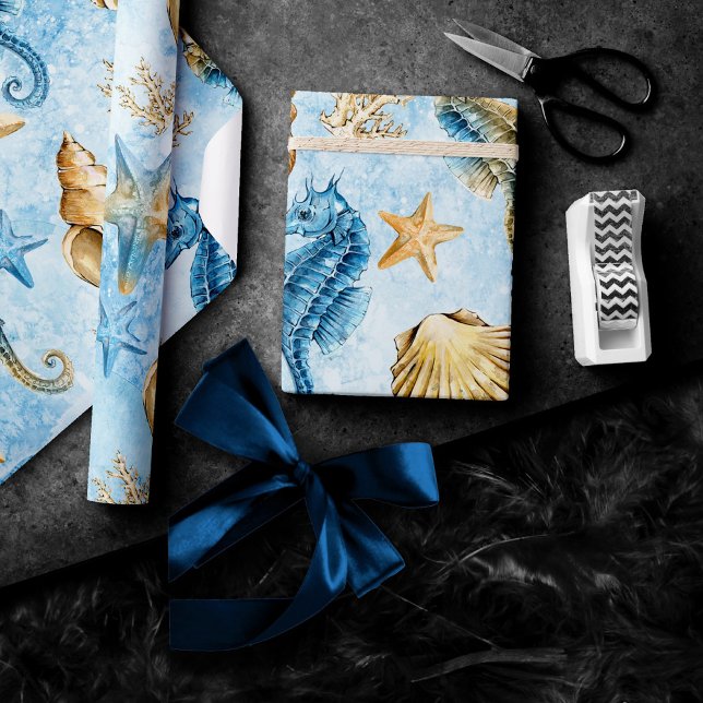 Coastal Chic | Modern Blue and Gold Under the Sea Wrapping Paper (Creator Uploaded)