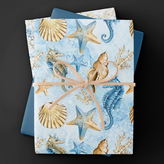 Coastal Chic | Modern Blue and Gold Under the Sea Wrapping Paper Sheets (Creator Uploaded)