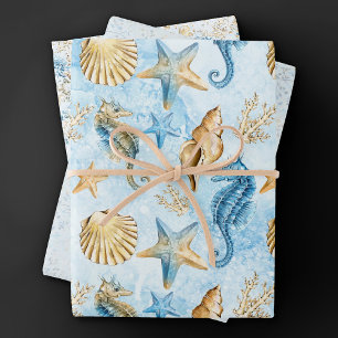 Coastal Chic   Modern Blue and Gold Under the Sea Wrapping Paper Sheets