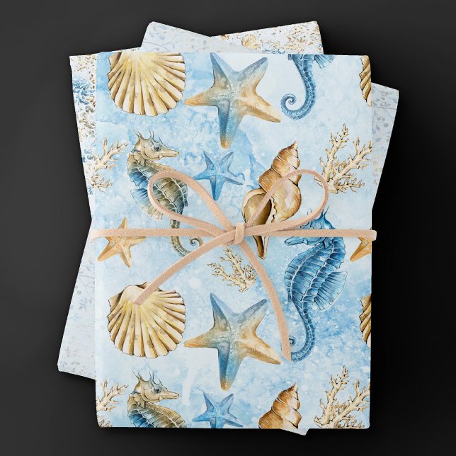 Coastal Chic | Modern Blue and Gold Under the Sea Wrapping Paper Sheets (Creator Uploaded)