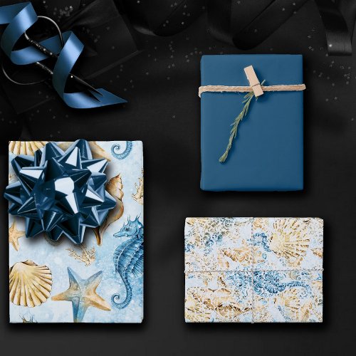 Coastal Chic  Modern Blue and Gold Under the Sea Wrapping Paper Sheets