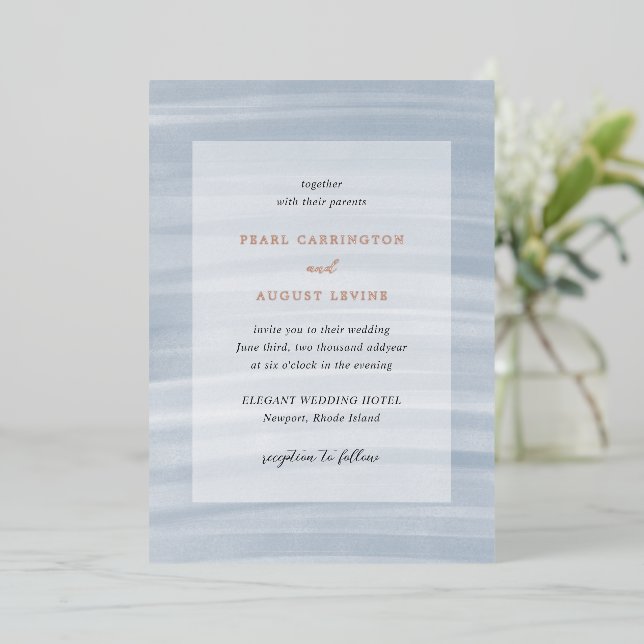Coastal Chic Muted Blue Elegant Wedding Foil Invitation (Standing Front)