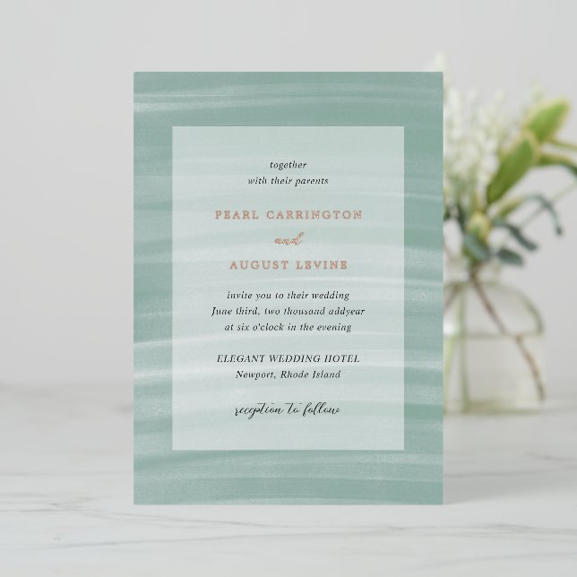 Coastal Chic Muted Green Elegant Wedding Foil Invitation (Standing Front)