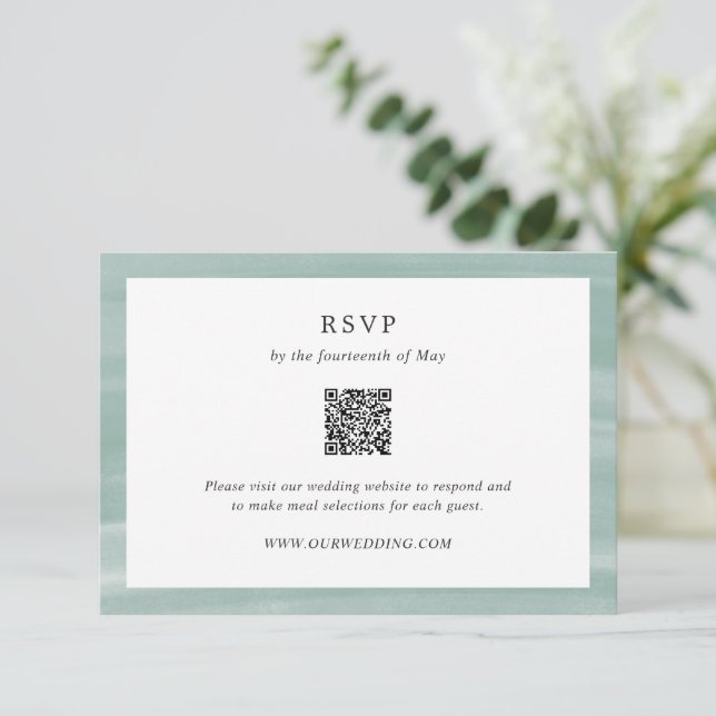 Coastal Chic Muted Green QR Code Elegant Wedding RSVP Card (Standing Front)