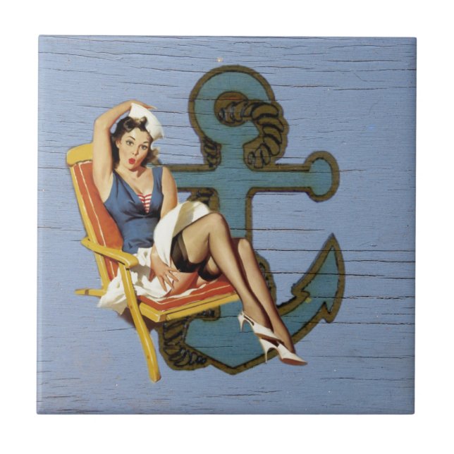coastal Chic Nautical Anchor Pin Up Girl Sailor Tile (Front)