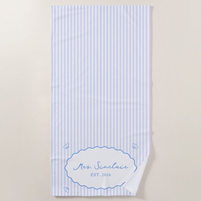 Coastal Chic Personalized Blue Honeymoon Mrs Beach Towel (Front)