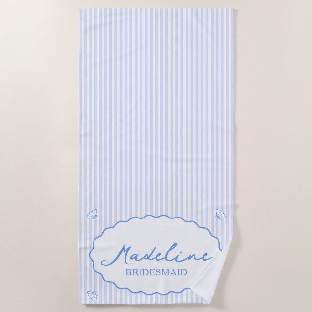 Coastal Chic Personalized Blue Stripe Bachelorette Beach Towel (Front)