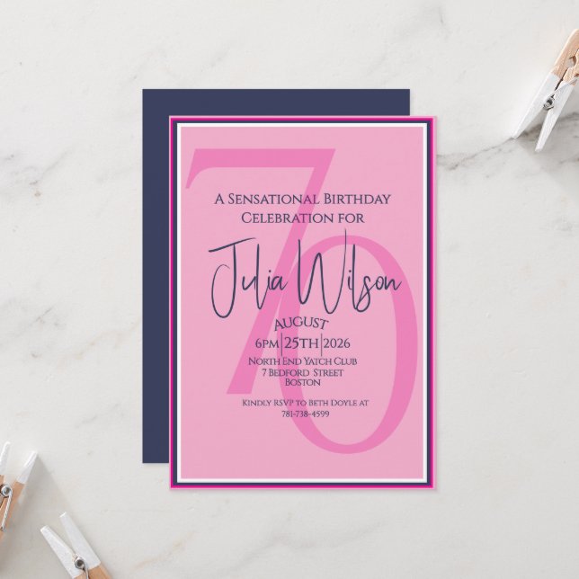 Coastal Chic Pink Navy 70th Birthday Invitation (Front/Back In Situ)