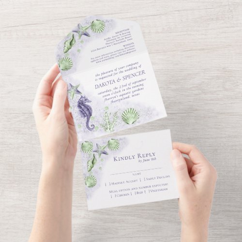 Coastal Chic  Purple and Green Coral Reef Wedding All In One Invitation