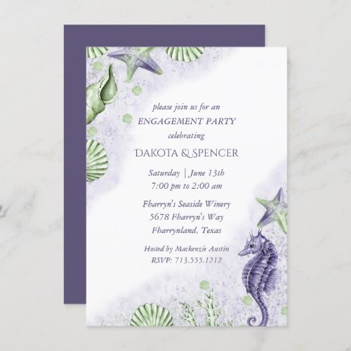 Coastal Chic  Purple and Green Engagement Party Invitation