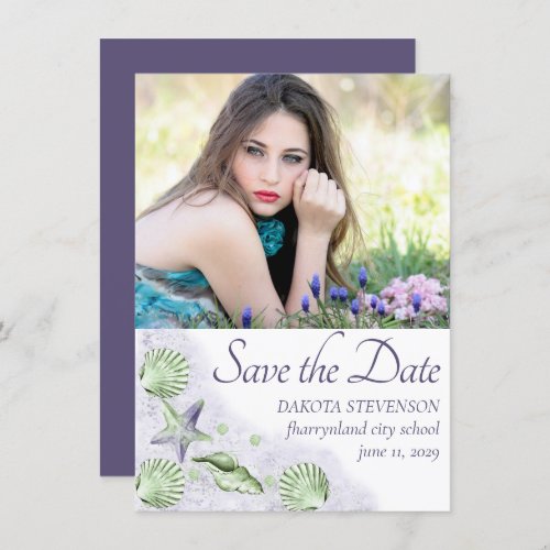 Coastal Chic  Purple and Lime Green Senior Photo Save The Date