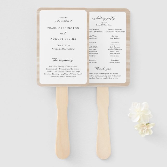 Coastal Chic Sandy Neutral Elegant Wedding Program Hand Fan (Front and Back)