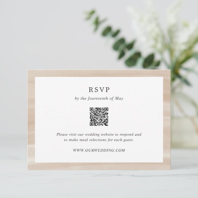 Coastal Chic Sandy Neutral QR Code Elegant Wedding RSVP Card (Standing Front)