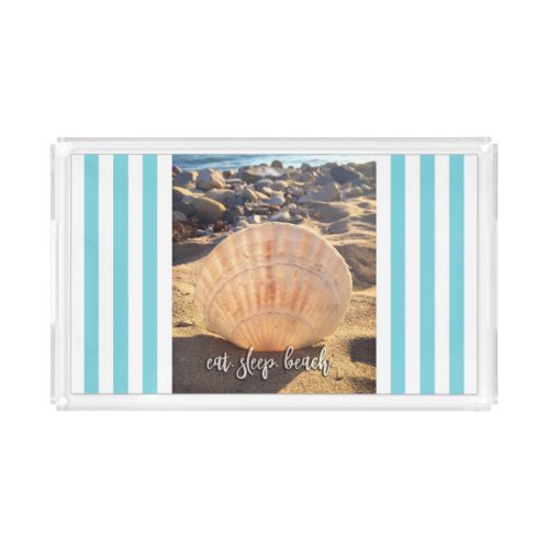 Coastal Chic Seashell Photo Eat Sleep Beach Script Acrylic Tray