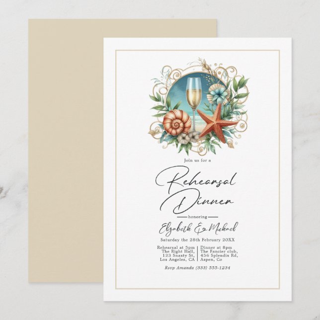 Coastal Chic Seashell Rehearsal Dinner Invitation (Front/Back)