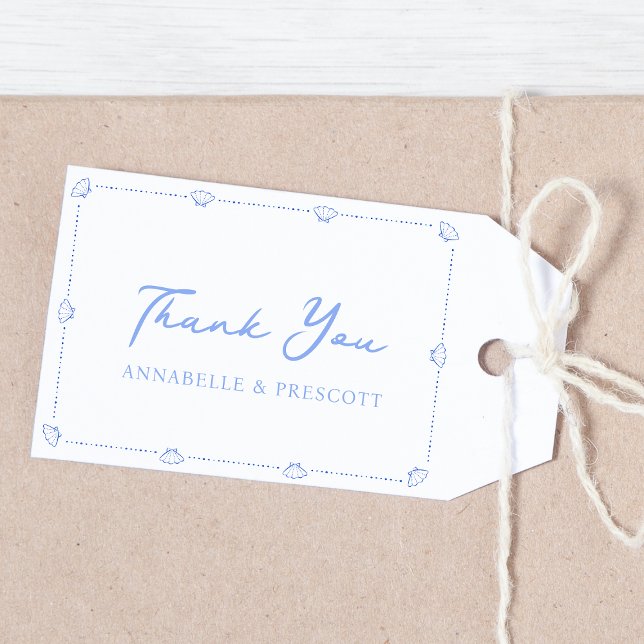 Coastal Chic Shell Border Elegant Blue Wedding Gift Tags (Tie a chic touch to your wedding favors with this coastal blue thank you tag featuring seashells.)