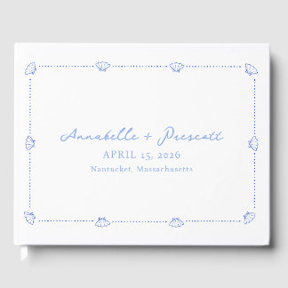 Coastal Chic Shell Border Elegant Blue Wedding Guest Book