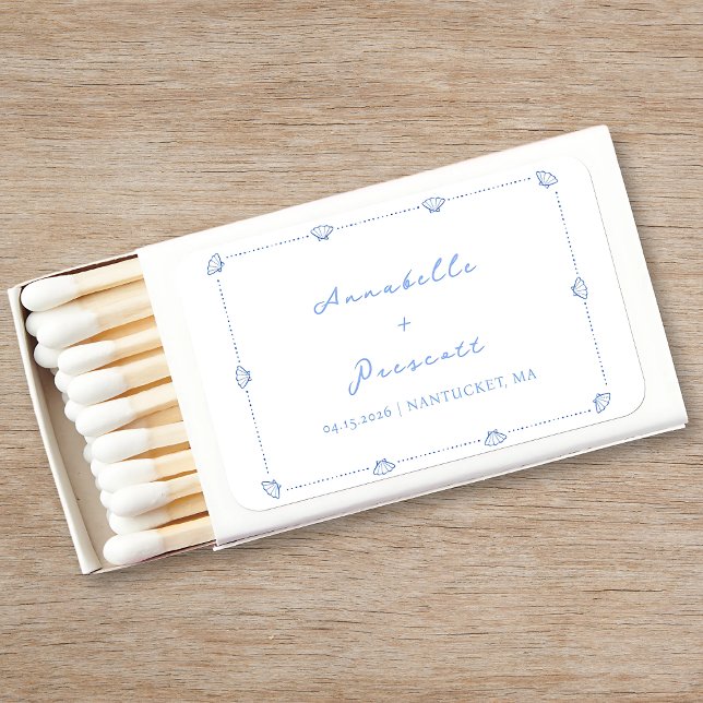 Coastal Chic Shell Border Elegant Blue Wedding Matchboxes (Creator Uploaded)