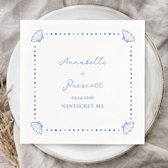 Coastal Chic Shell Border Personalized Wedding Napkins (Complete your seaside wedding with these chic cocktail napkins with a delicate blue seashell border.)