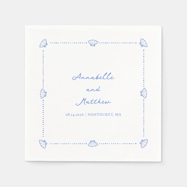 Coastal Chic Shell Border Personalized Wedding Napkins (Front)