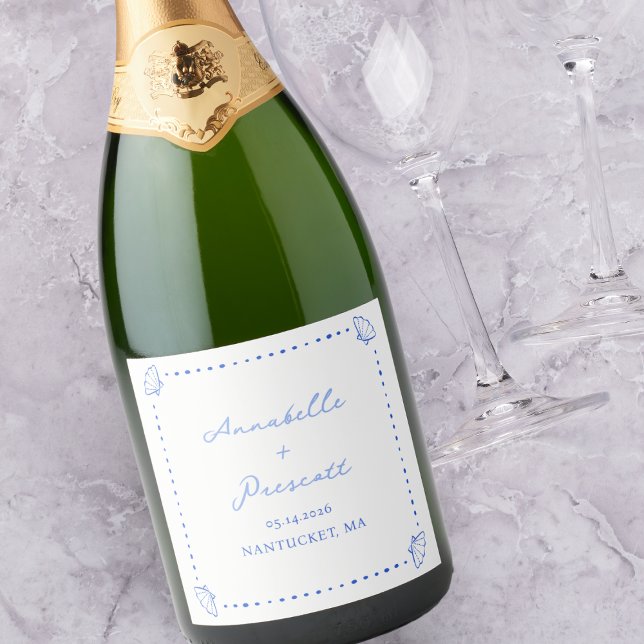 Coastal Chic Shell Border Personalized Wedding Sparkling Wine Label (Creator Uploaded)