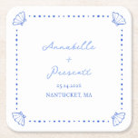 Coastal Chic Shell Border Personalized Wedding Square Paper Coaster<br><div class="desc">Add a chic coastal touch to your wedding with these nautical-inspired cocktail coasters, featuring a delicate blue seashell border and elegant typography. Perfect for Nantucket, Cape Cod, or Hamptons weddings, these custom coasters enhance your seaside reception, yacht club celebration, or beachside cocktail hour with effortless elegance. Personalize with your names,...</div>