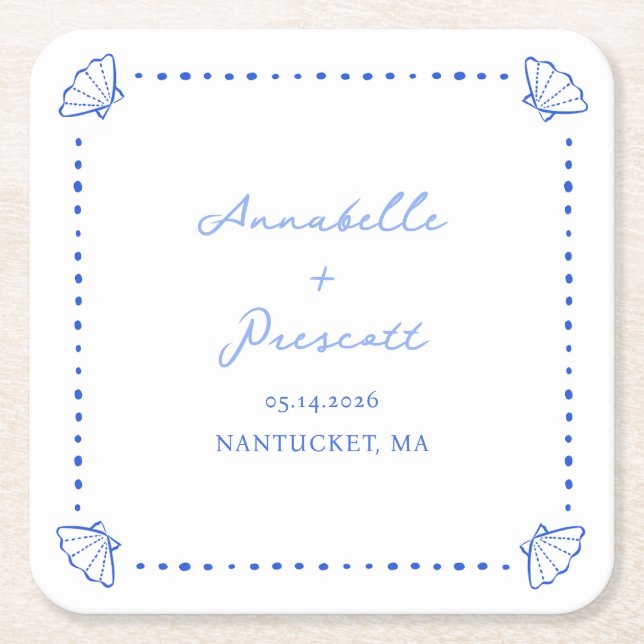 Coastal Chic Shell Border Personalized Wedding Square Paper Coaster (Front)