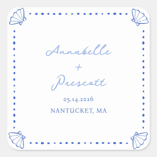 Coastal Chic Shell Border Personalized Wedding Square Sticker (Front)