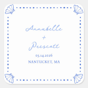 Coastal Chic Shell Border Personalized Wedding Square Sticker