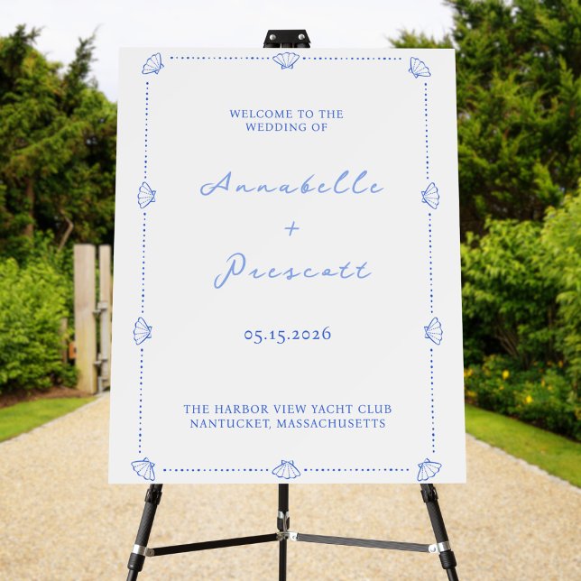 Coastal Chic Shell Border Wedding Welcome Sign (Set the tone for your coastal wedding with this elegant blue welcome sign with a seashell border.)