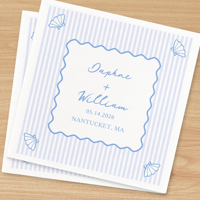Coastal Chic Shell & Stripes Personalized Wedding Napkins (Creator Uploaded)