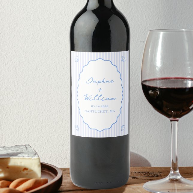 Coastal Chic Shell & Stripes Personalized Wedding Wine Label (Creator Uploaded)