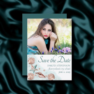 Coastal Chic Teal and Coral Reef Graduate Photo Save The Date