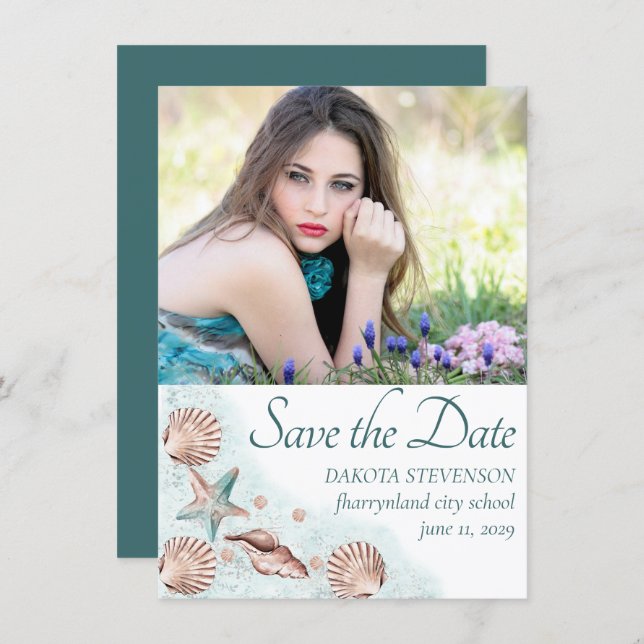 Coastal Chic | Teal and Coral Reef Graduate Photo Save The Date (Front/Back)