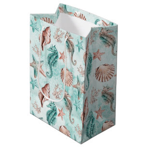 Coastal Chic Teal and Coral Reef Pastel Pattern Medium Gift Bag