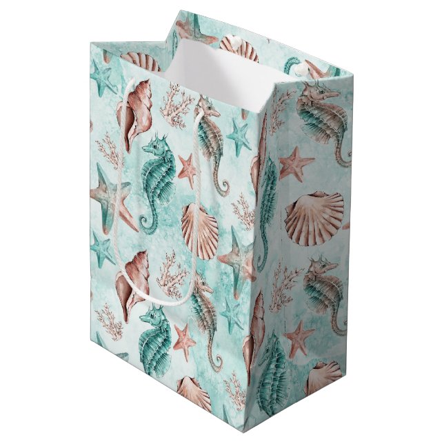 Coastal Chic | Teal and Coral Reef Pastel Pattern Medium Gift Bag (Front Angled)