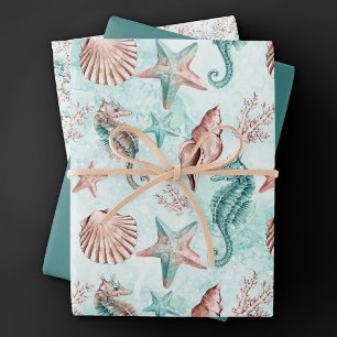 Coastal Chic Teal and Coral Reef Pastel Pattern Wrapping Paper Sheets